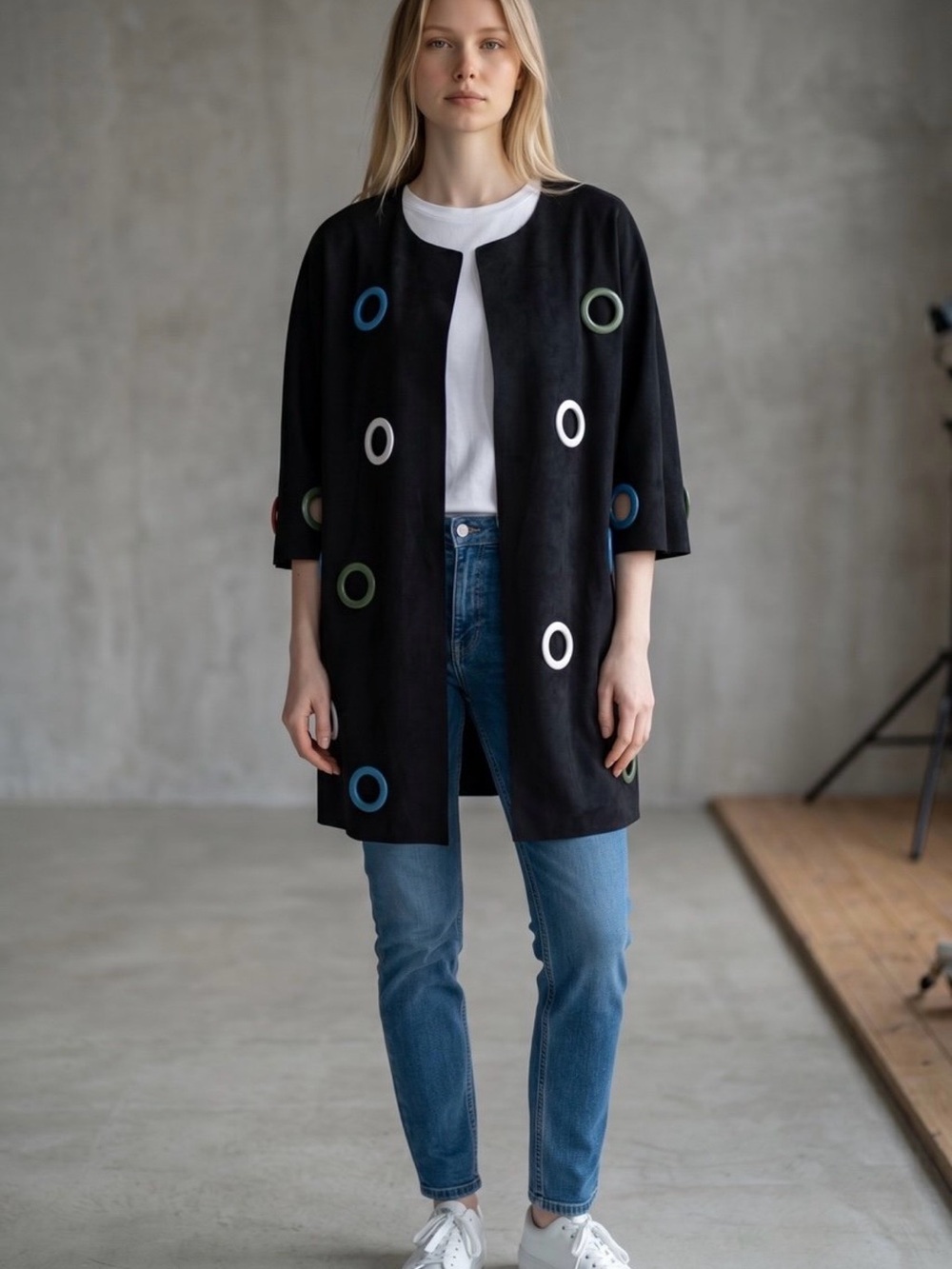 Adore Black Open-Front Faux Suede Coat with Multicolor Grommet Details-Large